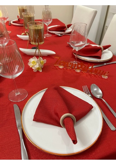 Polyester Keten Simli Masa Örtüsü Kırmızı