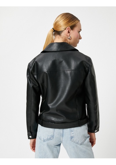 Koton Oversize Biker Ceket Suni Deri Fermuarlı Siyah 3sak20013ew