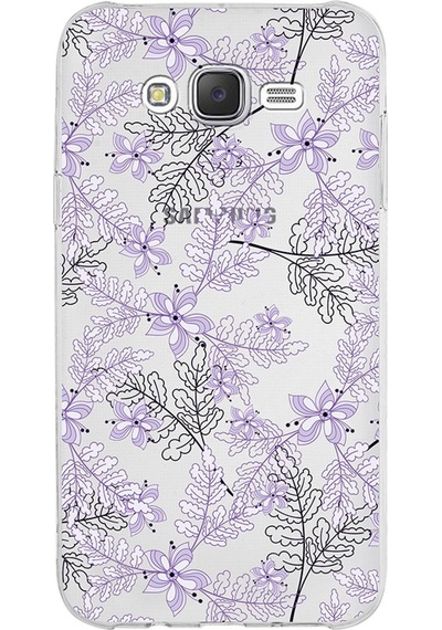 Samsung Galaxy Uyumlu J7 Core Kapak Floral Lila Tasarımlı Şeffaf Silikon Kılıf