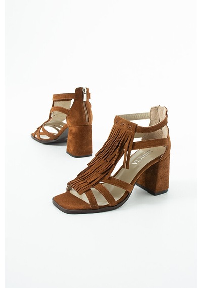Dericia Shoes Fringe Hakiki Deri Süet Kadın Püskül Detaylı Kalın Topuklu Sandal Turuncu