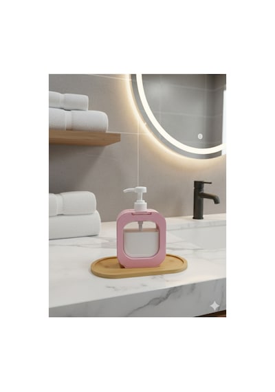 Buççin Online Mağaza 400 Ml Bambu Altlıklı Tezgah Üstü Banyo Mutfak Sıvı Sabunluk Bulaşık Lavabo Deterjanlık Seti Plastik Çok Renkli