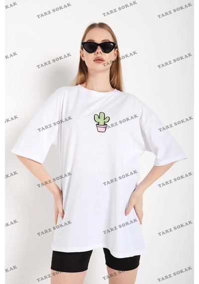 Startmore Kadın Beyaz Cactus Logo Baskılı Oversize Beyaz