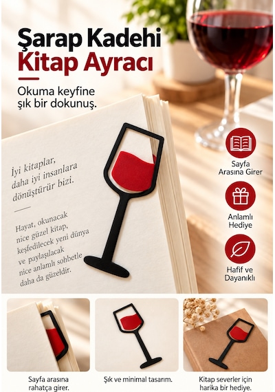 Şarap Kadehi Kitap Ayracı - Kırmızı Siyah Şık Ve Dekoratif Kitap Ayracı