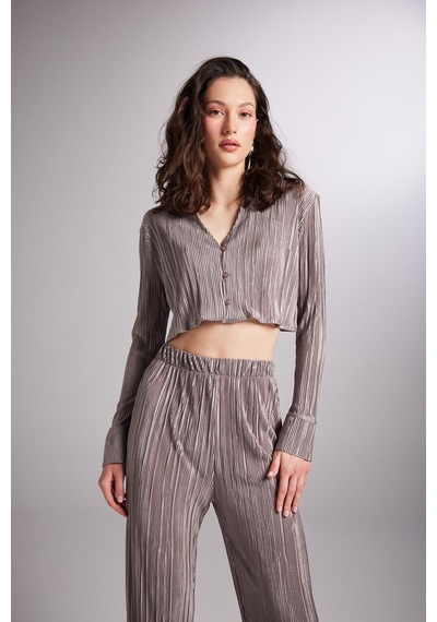 Holly Lolly Crop Model Düğme Kapamalı Comfy Crop Gömlek Vizon