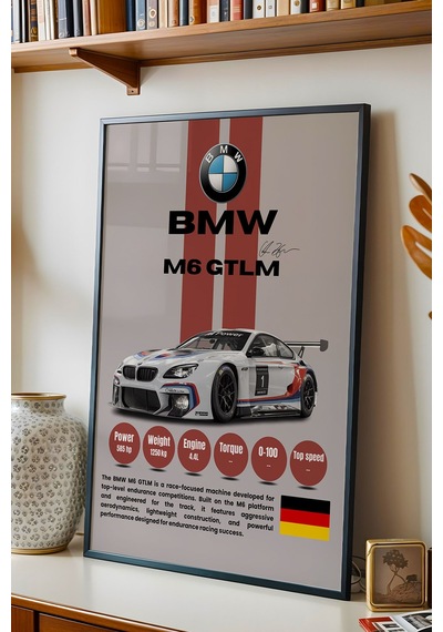 Bmw M6 Gtlm Premium Spor Araba Çerçeveli Tablo - Teknik Özellikli Otomobil Sever Duvar Dekoru Siyah