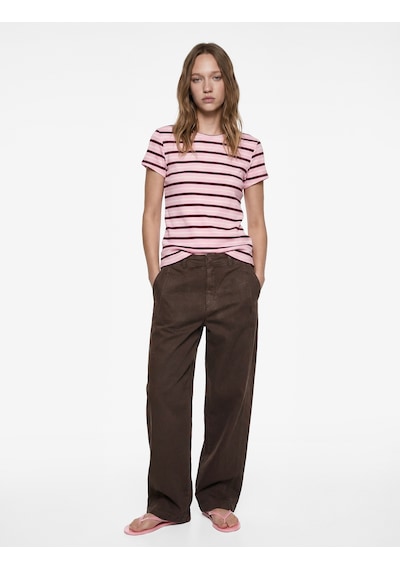 Koton Çizgili Pamuklu Bisiklet Yaka Kısa Kollu Slim Fit Tişört Pembe Çizgili 6sal10537ık