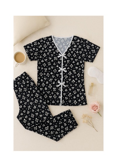 Fantezia Night Kadın Siyah Beyaz Kalp Desenli Fiyonklu Kısa Kollu Pijama Takımı