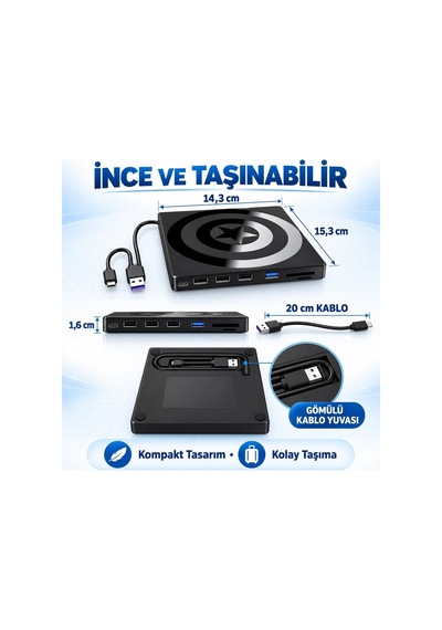 Harici Cd Dvd Okuyucu Yazıcı Usb 3.0 Type-c Hub Sd Tf Kart Okuyucu 4 Usb Portlu İnce Taşınabilir