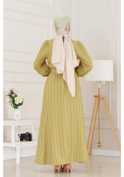 Sevitli Kolu Volanlı Kemerli Henna Elbise-hardal-5061 Hardal