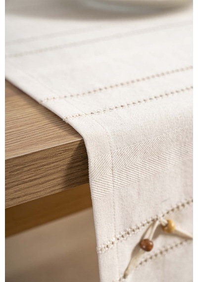 Rivaistanbul Ruffle Boncuk & Püsküllü %100 Pamuklu Ham Keten Runner 50x130 Cm Bej