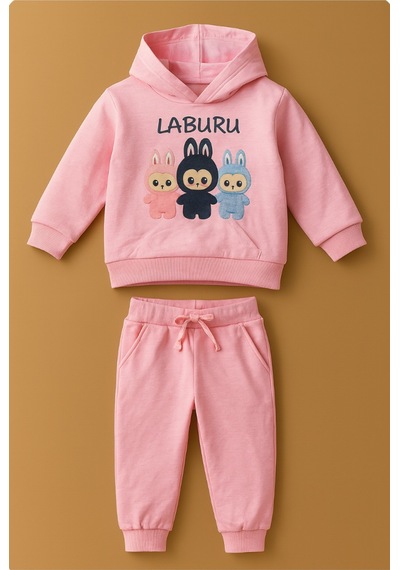 Esila Kids Kız Çocuk Eşofman Takımı Labubu Takım Kapüşonlu Baskılı Sweatshirt Ve Pantolon Pembe