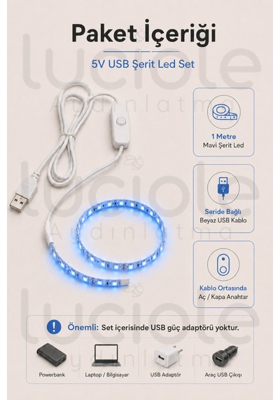 1 Metre 5v Usb Mavi Şerit Led Aç Kapa Anahtarlı Tv Arkası Gaming Masa Araç Dekoratif Işık