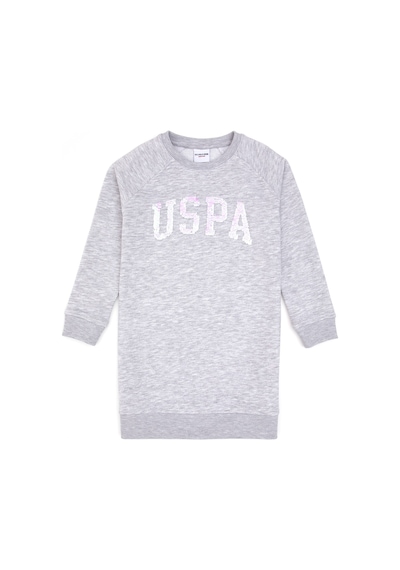 U.S. Polo Assn. Kız Çocuk Açık Gri Melanj Payet Detaylı Bisiklet Yaka Sweat Örme Elbise 50314313-VR091