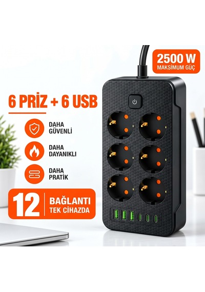 2500w 6'lı Grup Priz 6 Usb Girişli 3 Type-c + 3 Usb-a Açma Kapama Anahtarlı Çoklu Priz Çoğaltıcı