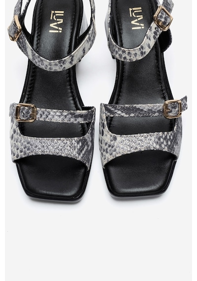 Luvi Shoes Yolen Siyah Desenli Hakiki Deri Kadın Kalın Topuklu Sandalet