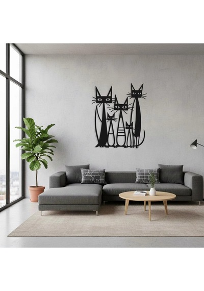 Üçlü Çizgisel Kedi Figürleri Metal Duvar Dekoru