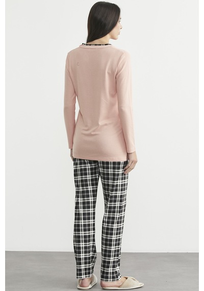 Sementa Ekose Kombinli Düğmeli Pijama Takım - Somon Somon