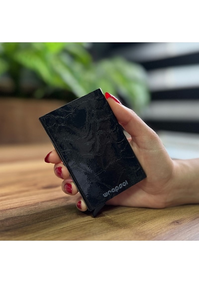 Wrapsol Rfid Korumalı Alüminyum Otomatik Mekanizmalı Kredi Kartlık Desenli Prizma Gri Taş Desenli Siyah Deri Taş Desenli Siyah Deri Siyah