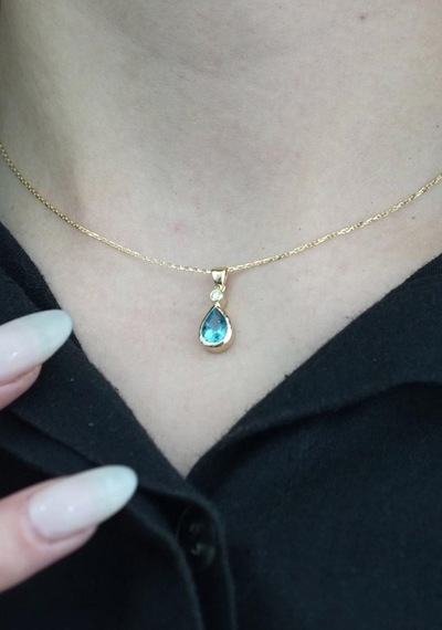 Damla Blue Topaz Tektaş Kolye Sarı