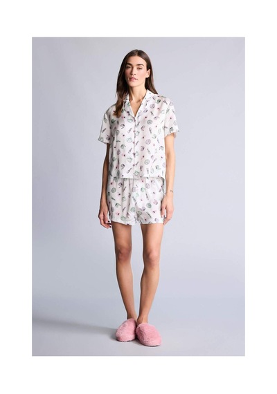 Defacto Saten Desenli Şortlu Pijama Takımı H3791ax26smer98 Ekru-er98