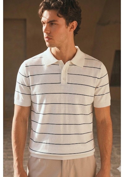 Tarz Cool Erkek Old Money Çizgili Polo Yaka Triko Tişört Slim Fit Beyaz