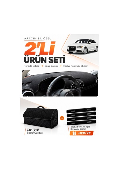 Audi A3 2013-2020 Uyumlu Torpido Örtüsü + Tay Tüyü Bagaj Çantası + Sticker Seti - Siyah