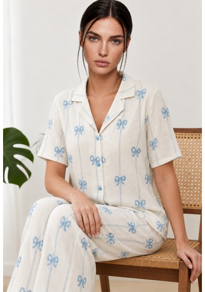 Womanandkids Night Mavi Kadın Kısa Kollu Fiyonk Desenli Pijama Takımı 4771