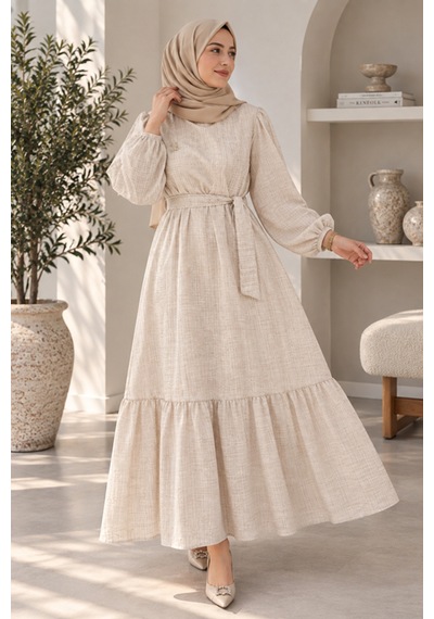 Maşuka Bej Renk Nada Kumaş Kuşaklı Broş Detaylı Yazlık Bohem Elbise Soft Bej Soft Bej