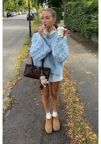 Madmext Bebe Mavisi Bisiklet Yaka Örgü Desen Kadın Triko Kazak Mg2601 Bebe Mavisi