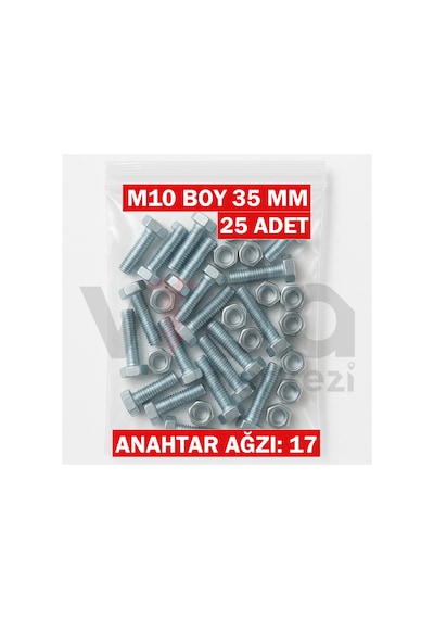 M10x35 Altı Köşe Cıvata + Somun Takımı Çinko Kaplı 25 Adet Takım 1