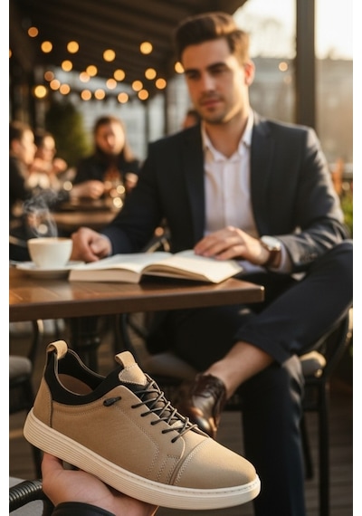 Enoch Hakiki Deri Lastik Detaylı Erkek Sneaker Ayakkabı Ortopedik Taban Bej