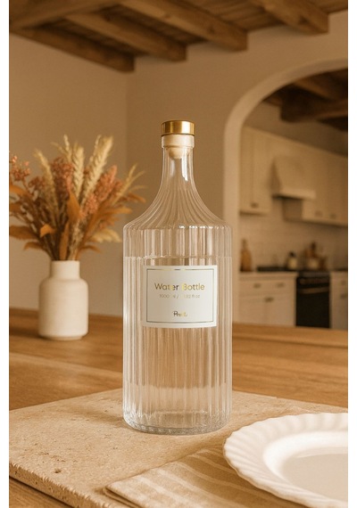 Vintage Çizgili Şeffaf Cam Sürahi Şişesi Sos Ve Sıvı Başlıklı 1000 Ml Şeffaf