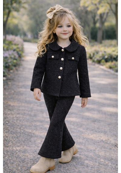 My Kids Wear Kız Çocuk Bayramlık Tüvit Ceket & İspanyol Paça Pantolon Takım 12552 Siyah