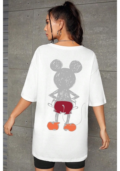 Unisex Mause Baskılı T-shirt Beyaz