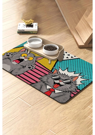 Matgo Pati Kedi Köpek Beslenme Matı 50x70cm Su Geçirmez Mama Kabı Altlığı Paspası Kedi Pop Art
