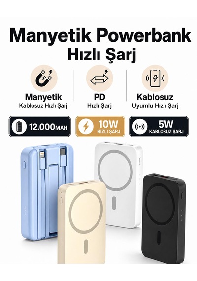12.000mah 5w Mıknatıslı Powerbank Micro Type-c Şarjlı Hızlı Şarj Taşınabilir Standlı 4 Çıkış 3 Giriş 10w Hızlı Şarj Kablosuz Uyumlu Şarj Açık Gri