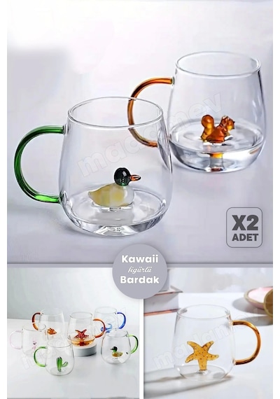 2'li Figürlü Cam Bardak 3d Sevimli Karikatürler Bardağı Kawaii Renkli Kulplu Sunum Fincanı 350 Ml.