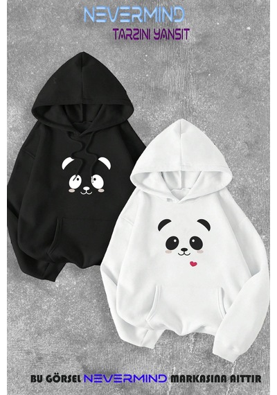 Nevermind Sevgili Çift Kombini Panda Baskılı Kapüşonlu Sweatshirt 2li Set T Beyaz-Siyah