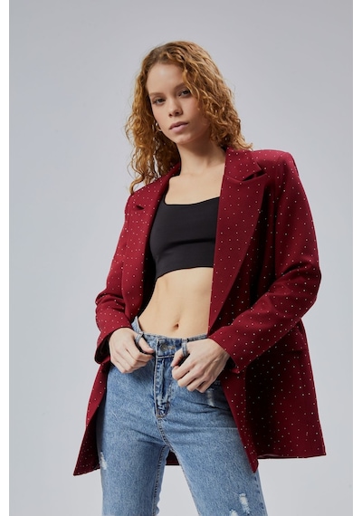 Kadın Regular Dokuma Astarlı Taş Detaylı Blazer Ceket Bordo