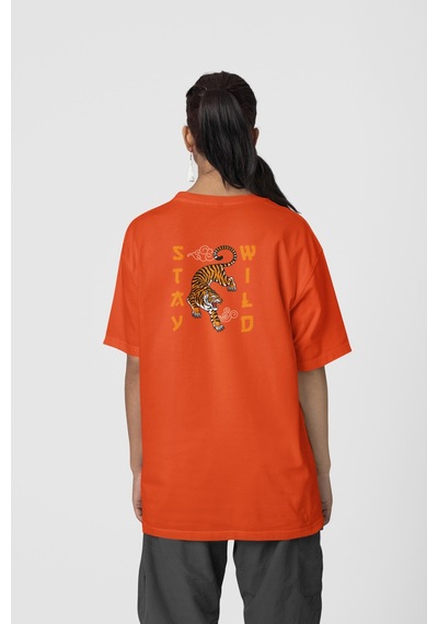 Stay Wild Ön-arka Baskılı %100 Pamuk Beyaz Kadın/erkek Unisex Rahat Kalıp Oversize T-shirt Turuncu Stay Wild Ön-arka Baskılı %100 Pamuk Beyaz Kadın/erkek Unisex Rahat Kalıp Oversize T-shirt Turuncu