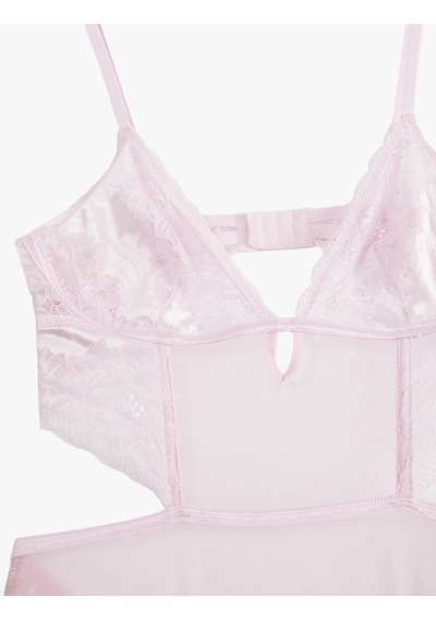 Koton Dantel Detaylı Rahat Kalıp V Yaka Tül Askılı Bodysuit Pembe 6slk00001mk Gül