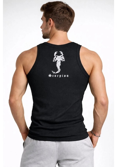 Novalisse Erkek Fitilli Atlet Sıfır Yaka Slim Fit Arka Baskılı Spor Atlet - Siyah Çoklu Renk
