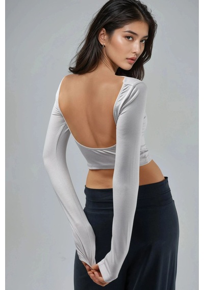 Hiccup Busem Sırt Dekolteli Slim Fit Kısa Bluz Taş Doğal