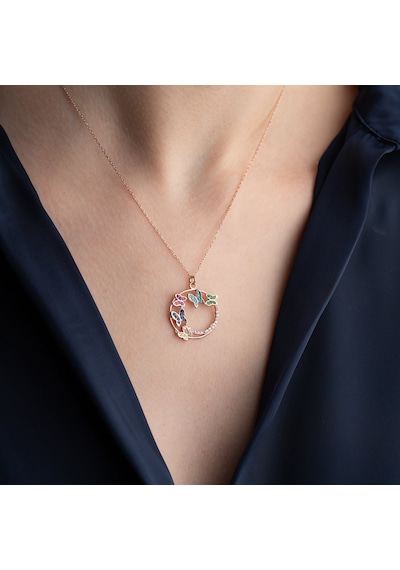 Vaoov 925 Ayar Gümüş Renkli Taşlı Rose Kelebek Kolye Rose