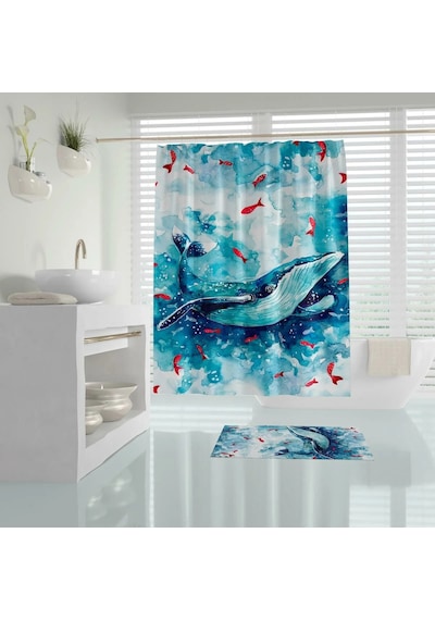 Banyo Paspas Ve Tek Kanat Duş Perdesi 1x180x200 Set Banyo Halısı Whale