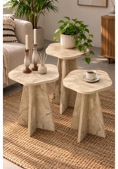Sulorahome Çiçek Formlu Traverten Desenli 3'lü Zigon Sehpa Seti Bej Beyaz - Wenge