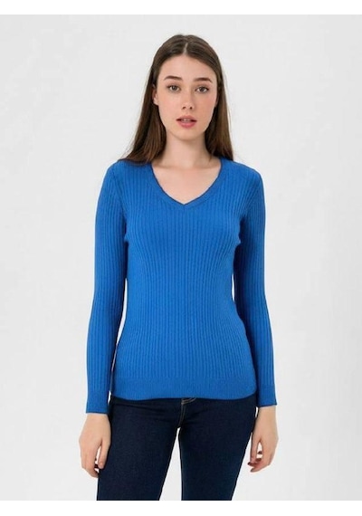 Miss Poem Kadın V Yaka Slim Fit Fitilli Uzun Kışlık K.mavi Triko Kazak K.mavi