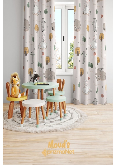 Tavşan Ve Ayıcık Desenli Baskılı Çocuk Ve Bebek Odası Fon Perdesi 2 Kanat - Prd-04 Çok Renkli