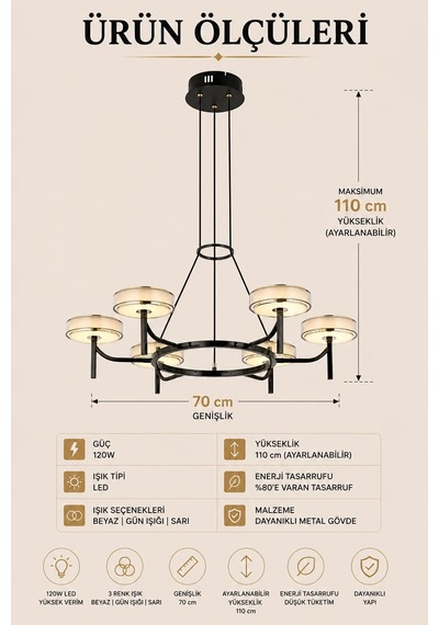 6'lı Modern Premium 3 Renkli Ledli Sarkıt Avizesi Salon Mutfak Oturma Odası Şık Modelleri 70cm 20w Beyaz
