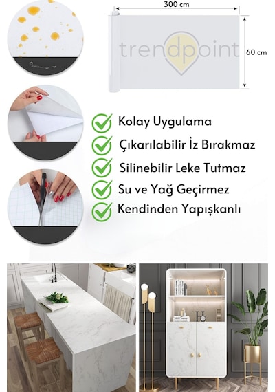 Trendpoint Kendinden Yapışkanlı Mermer Görünümlü 60cm 300cm Premium Zemin Duvar Kağıdı Dolap Kaplama